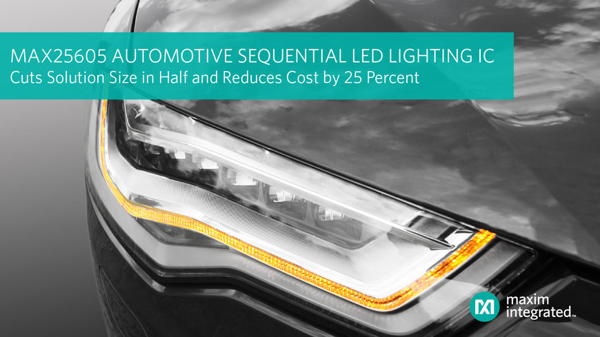 Der Sequenzielle-LED-IC von Maxim Integrated für Automotive-Beleuchtungsanwendungen halbiert den Platzbedarf auf der Platine und senkt die Kosten um 25 Prozent im Vergleich zu herkömmlichen Lösungen